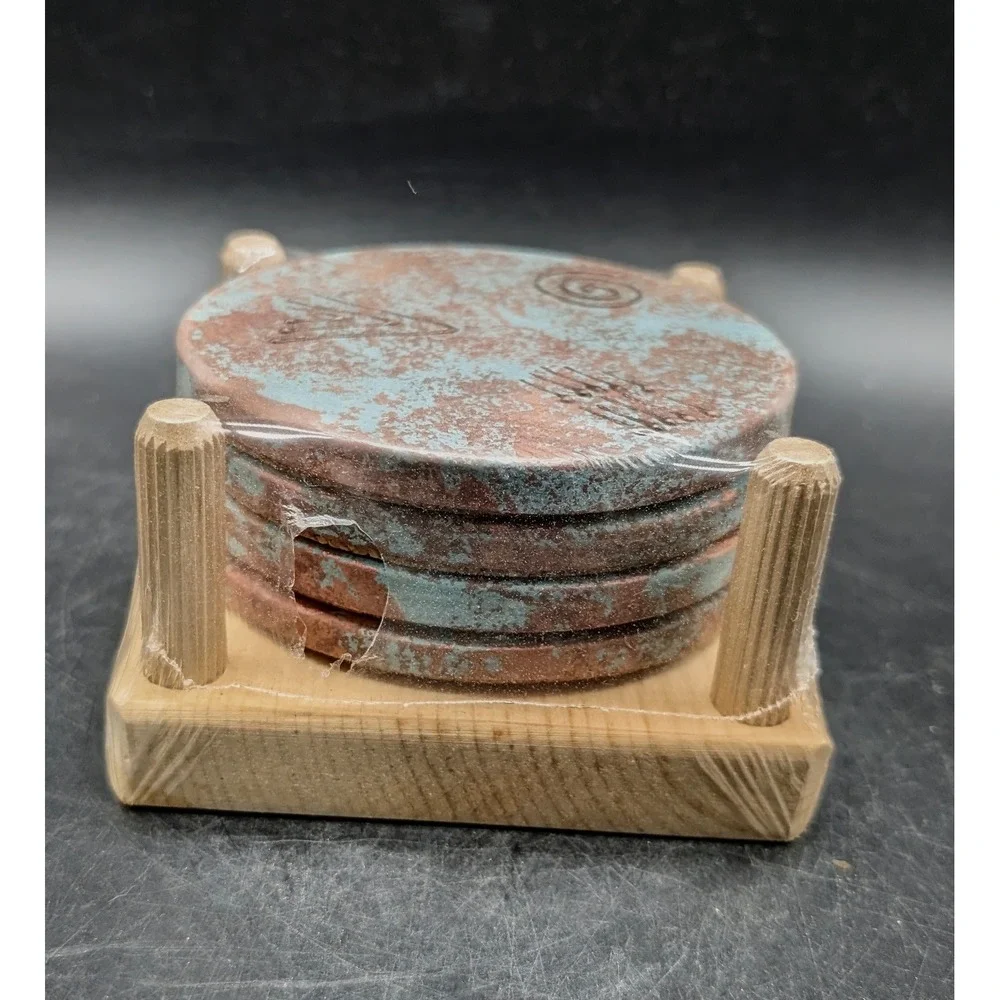 Handmade Southwestern Stone Coasters Set of 4 Verdigris Patina with Wood Holder